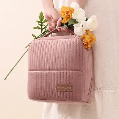 Upright cosmetic organizer bag, large capacity, compartments, travel