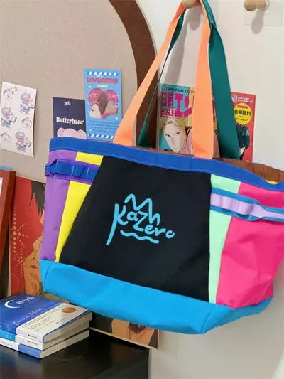 Cross-border New Girl School Single Shoulder Bag Large Capacity Cartoon Cute Tote Bag Dopamine Color Block Handbag - 2