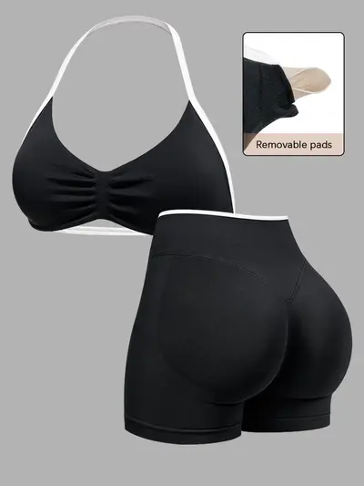 Seamless High-Stretch Women's Yoga Set with Halter Bra and Three-Quarter Leggings - 8