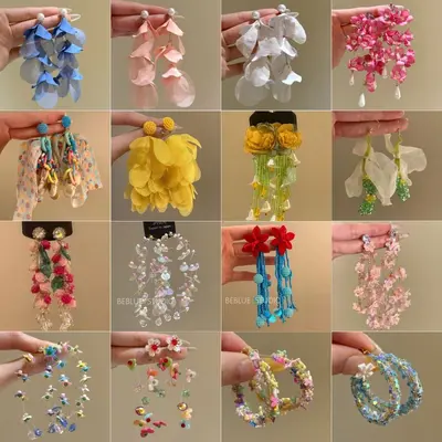 Creative Colorful Dopamine Fabric Beaded Earrings Women Ear Studs Seaside Vacation Style Ear Clips