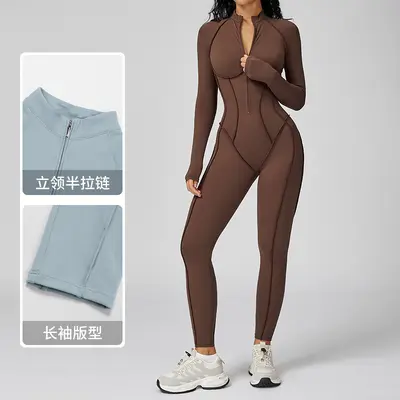 Cross-border Vertical Stripe Stand Collar Jumpsuit with Half Zipper, One-Piece Fitness Wear for Women, High-Intensity Sports Yoga Suit