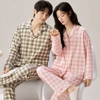 Couple's Home Wear Set, Long Sleeve Button-Up Pajama Set for Men and Women - 8