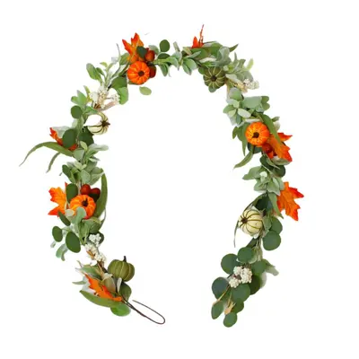 Autumn Thanksgiving Wreath with Pumpkin, Eucalyptus and Acorn Leaves, Rattan Decoration