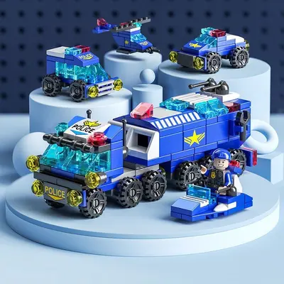 Building Block Set, Police, Military Tank and Fire Brigade, Large Pieces, Boys Toy