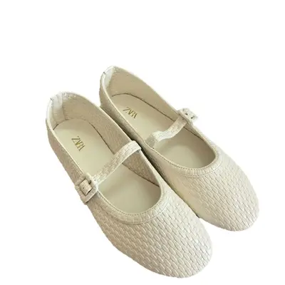 ZAKQ2026 Women's Ballet Flats, White Woven Effect, Buckle Strap