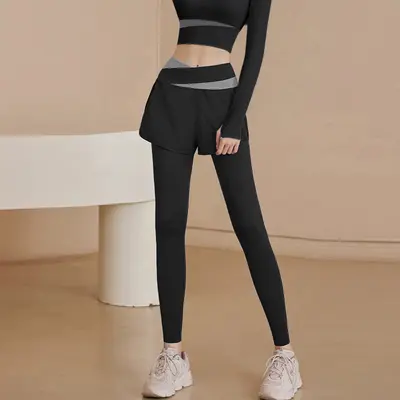 Yüksek Bel Sahte İki Parça Yoga Tayt, Transparan Olmayan, Kalça Kaldırıcı - 7