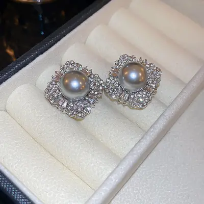 Zircon geometric pearl stud earrings, French style - 10