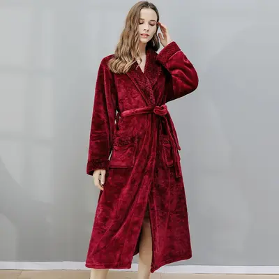 Damen-Nachthemd Herbst und Winter Lang Korallen-Fleece Plus Samt Verdickt Doppel-Bademantel Flanell Herren-Pyjama Winter Hauskleidung - 10