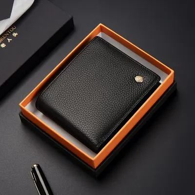 Men's Short Horizontal Genuine Leather Wallet with Zipper - 1