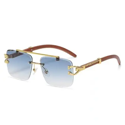Frameless Square Sunglasses, Leopard Print, Wood-Grain Temples, UV Protection - 9