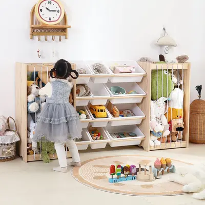Montessori Solid Wood Children's Toy Storage Rack with Integrated Plush Toy Organizer - 3