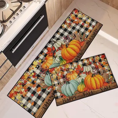 Thanksgiving Kitchen Two-Piece Set, Pumpkin Water and Oil Absorbing Floor Mat