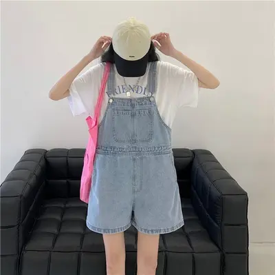 Damen-Latzshorts im koreanischen Stil, hoch tailliert, Sommer 2025