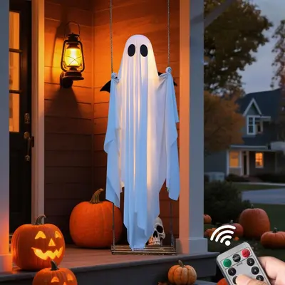 Outdoor Halloween Hanging Ghost Swing Decoration with String Lights