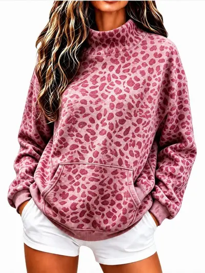 Women's Leopard Print High-Neck Sweatshirt, Loose Fit, Long Sleeve, Autumn Winter