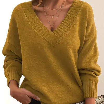Damen-Strickpullover mit V-Ausschnitt, locker geschnitten - 9