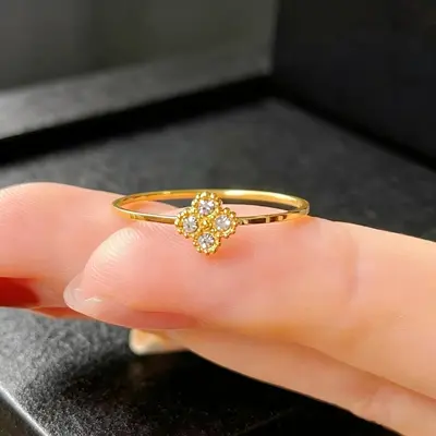 Lüks Titanyum Çelik Dörtyaprağı Yonca Taşlı Kadın Yüzüğü İnstatrend Solmayan Çiçek Moda Elmas Yüzük Knuckle Tail Yüzüğü - 4