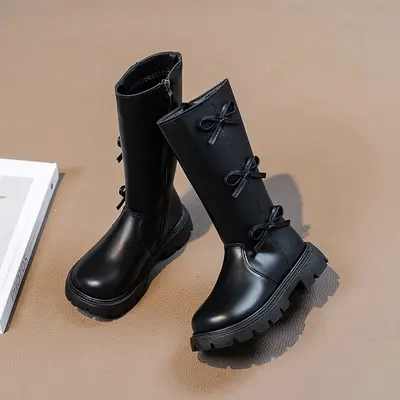 Mädchen-Lederstiefel, lang, Herbst/Winter 2026, mit Schleife - 9