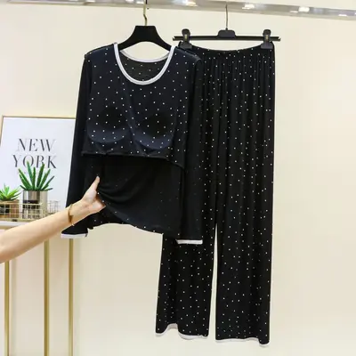 Modal Pajama Set with Polka Dots, Long Sleeve, Two-Piece with Built-in Bra - 11