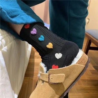 Korean Women's Mid-Calf Socks, Embossed Heart Pattern, Colorful - 3