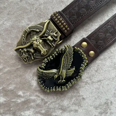 Boğa Başı Kartal Başı Alaşım Deri Kemer İğneli Toka Erkek Rahat Geniş Kafa Deri Kemer Düz Toka Basmalı Desen Trend Model - 3