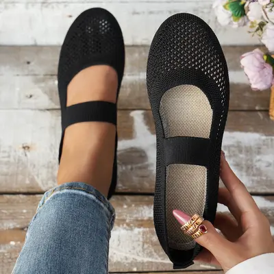 Women's Flyknit Breathable Flat Ballet Shoes, Hollow-Out Round Toe, Solid Color - 8