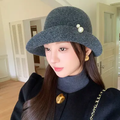 French Pearl Button Wide Brim Felt Fisherman Hat, Women's Autumn Winter