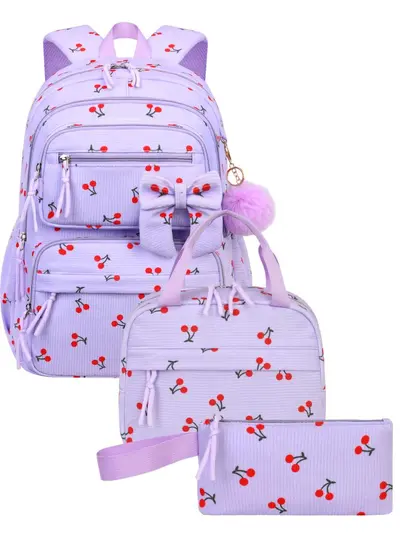 2026 Corduroy Three-Piece Backpack Set, Cherry Pattern, Large Capacity, Lightweight