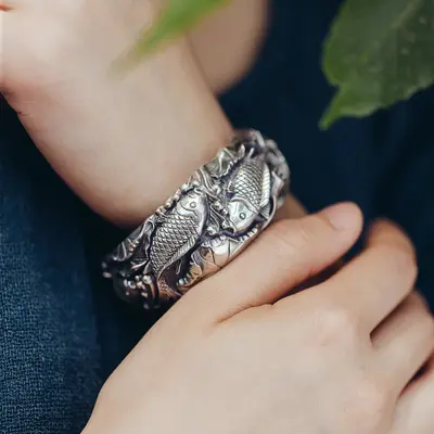 Double fish design silver bracelet, vintage style - 3