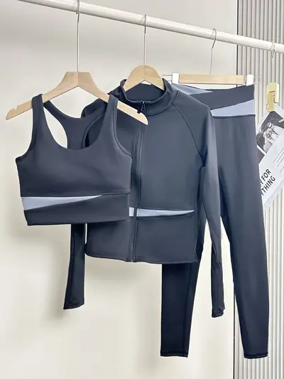 经典瑜伽服三件套女春夏健身背心晨跑普拉提运动高弹套装速干