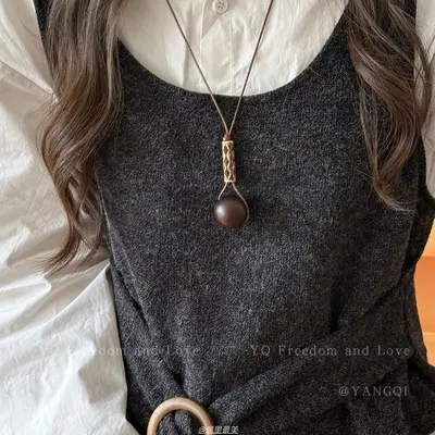 Vintage Coffee Brown Pendant Necklace Long Chain - 9