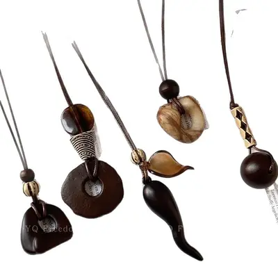 Vintage Coffee Brown Pendant Necklace Long Chain - 6