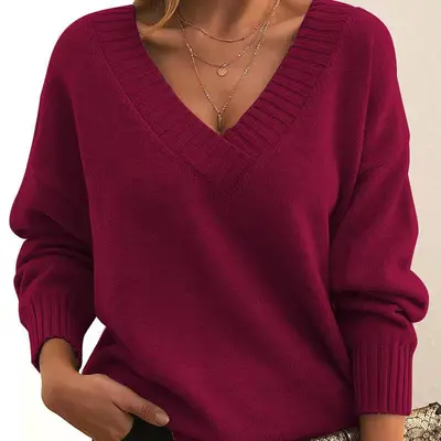 Damen-Strickpullover mit V-Ausschnitt, locker geschnitten - 7