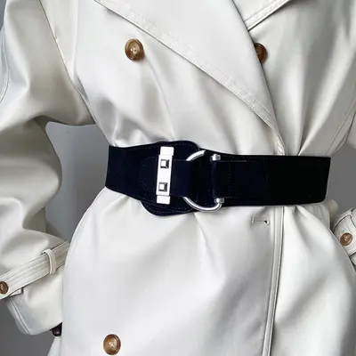 Women's suede belt with silver buckle, wide and elastic - 8