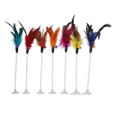 Suction Cup Spring Cat Teaser Wand with Feathers and Bell - 6
