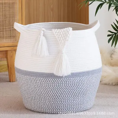 Woven Cotton Rope Storage Basket with Handle, Laundry Hamper