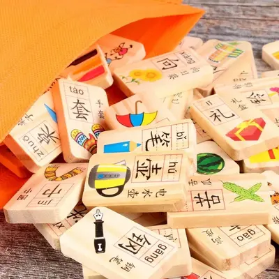 100 parça çift taraflı ahşap Çince karakter domino seti - 2