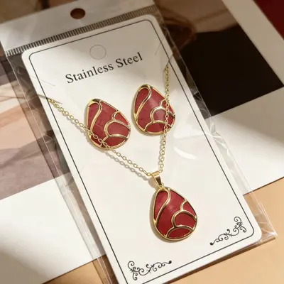 Flower and Water Drop Enamel Earring and Necklace Set, Stainless Steel