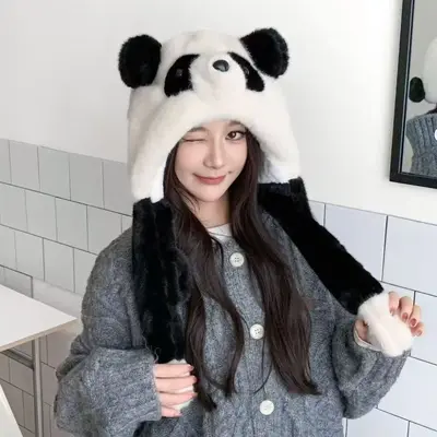 Kış peluş şapka, hareketli panda kulaklı, rüzgar geçirmez ve sıcak