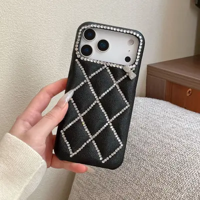 高级感皮纹网格线条钻蝴蝶结手机壳适用iPhone17ProMax防摔保护套 - 3