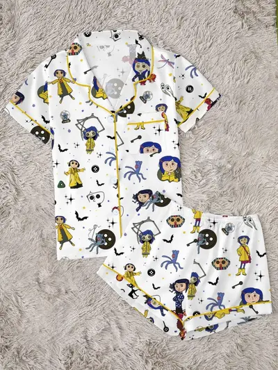 Kadın Cadılar Bayramı Pijama Takımı, Karikatür Baskılı, Süt İpeği Kısa Kollu