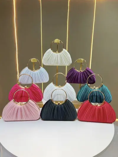 Women's Pleated Evening Bag, Ring Handle Party Clutch - 5