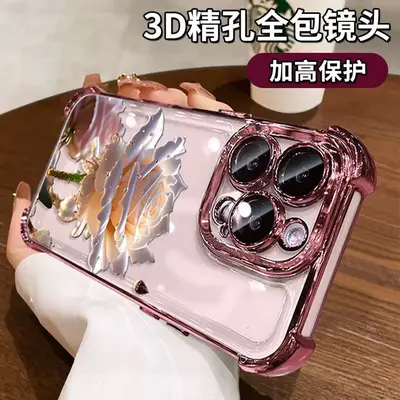 iPhone 16, 15 Pro, 13, 12, X compatible crystal rose pattern airbag transparent electropla