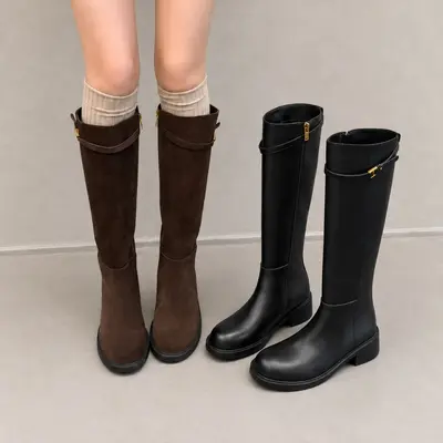 Women's Long Riding Boots, Square Toe, Low Heel, Side Zip