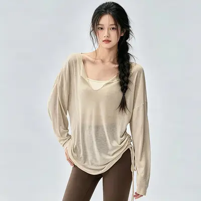 宽松瑜伽服罩衫女V领慵懒风侧边抽绳跑步运动长袖健身服套装上衣 - 7