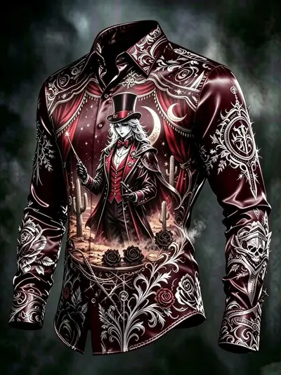 Gotik tarz sihirbaz baskılı uzun kollu erkek gömlek, retro