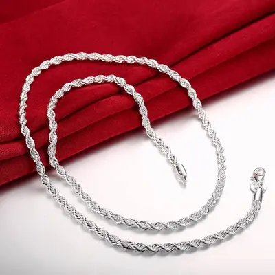Gümüş 4mm Zincir Erkek Büküm Halat Kolye Bilezik moda Kadın Erkek Gümüş Büküm Kolye Kaliteli Takı Seti