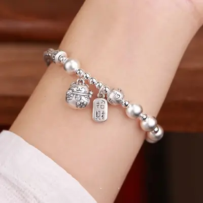 S925 silver lucky cat fortune bracelet, vintage style - 1
