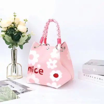 Gestrickte Damenhandtasche mit Ringgriff, kleine Stoff-Tote-Bag - 8