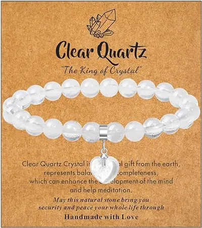 8mm Natural Stone Elastic Beaded Bracelet with Heart Stone Pendant - 7